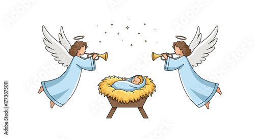 Two angels blow trumpets announcing the birth of baby Jesus in a manger.