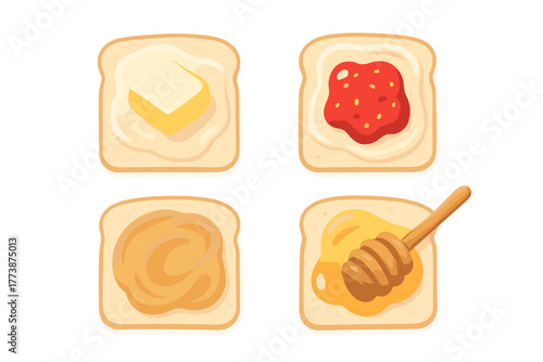 Four breakfast toasts featuring sweet and savory spreads: butter, strawberry jam, peanut butter, and honey dipper