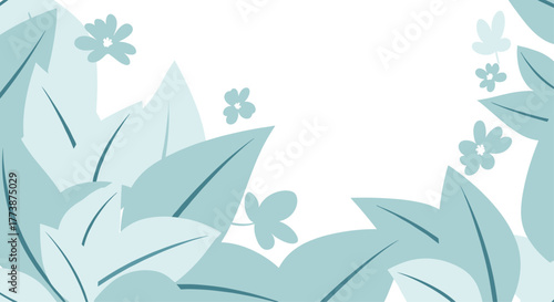 A gentle floral border with soft blue leaves and scattered tiny blossoms forms a peaceful frame.