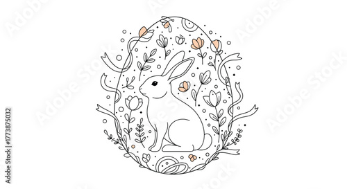 A delightful hand drawn easter bunny peeking from inside a decorative egg. 
