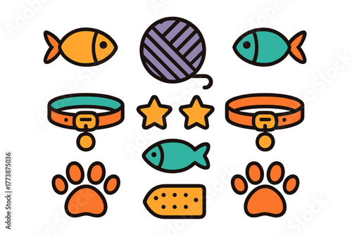 Colorful pet supplies including cat collars, fish toys, yarn ball, and paw prints