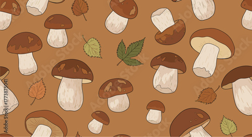 A seamless pattern featuring delicious edible porcini mushrooms and autumn leaves.