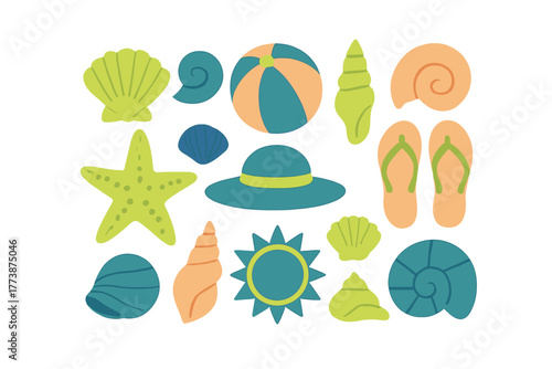 Colorful collection of summer beach vacation essentials: seashells, starfish, sun hat, and flip-flops