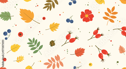 A beautiful pattern with various autumn leaves and berries in muted colors.