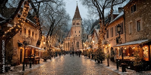 Fototapeta Naklejka Na Ścianę i Meble -  A bustling European Christmas market filled with glowing stalls