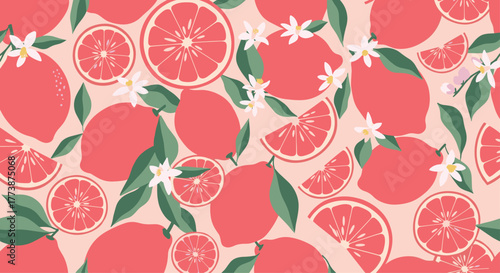 A repeating pattern of pink grapefruits and leaves with small white flowers.