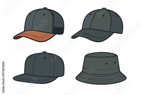 Collection of dark gray headwear styles including baseball caps trucker cap and bucket hat