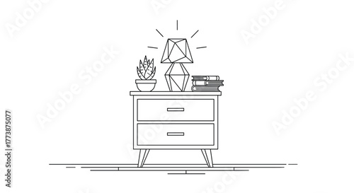 A minimal line art illustration of a bedside table with a lamp a plant and books.