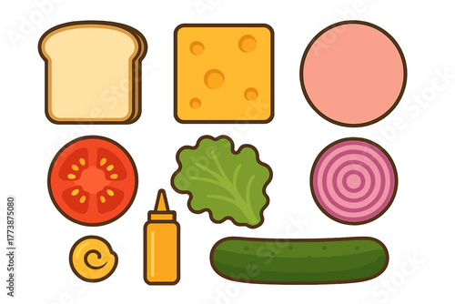 Classic assortment of sandwich and burger components: sliced bread, cheese, meat, and fresh vegetables