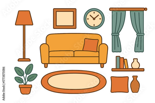 Retro style living room furniture and home accessories set including couch, floor lamp, wall clock, and curtains
