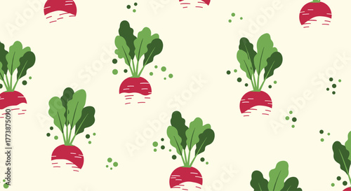 A delightful pattern featuring fresh radishes with green leafy tops on a cream background.