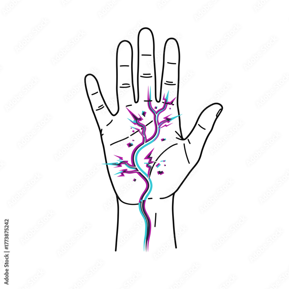Fototapeta premium A vibrant, glitch-effect nerve pathway illustrates the intricate connection between human anatomy and digital technology within an outlined palm.