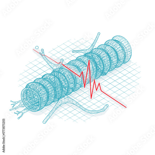 An intricate wireframe illustration of a biological neural structure, possibly an axon, with a red waveform symbolizing electrical impulses and nerve communication.
