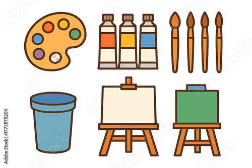 Collection of creative painting tools, brushes, paint tubes, and artist easels