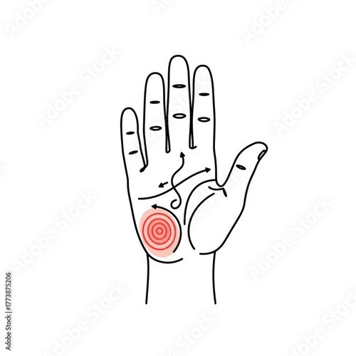 A minimalist line art illustration of an open human palm with intricate palmistry lines, highlighting a red target symbol, representing destiny or a specific focal point.
