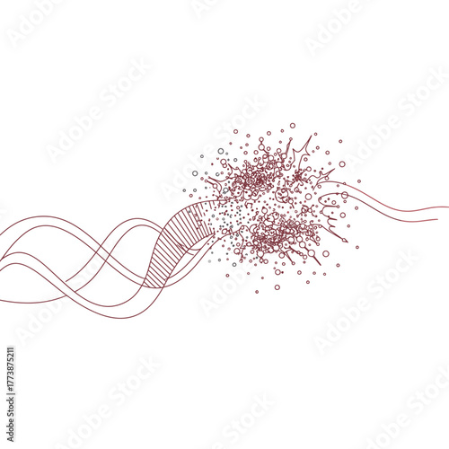 An abstract illustration depicts a genetic DNA helix unraveling and exploding into particles, symbolizing mutation, damage, or scientific research.