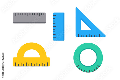 Colorful set of geometry and measurement tools including ruler protractor and set square