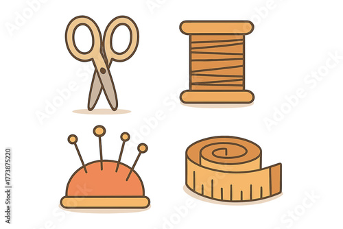 Sewing and tailoring tools set with scissors, thread spool, pincushion, and measuring tape icons
