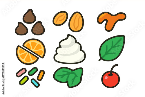 Colorful collection of dessert toppings and garnishes including chocolate chips, whipped cream, fruit, and nuts
