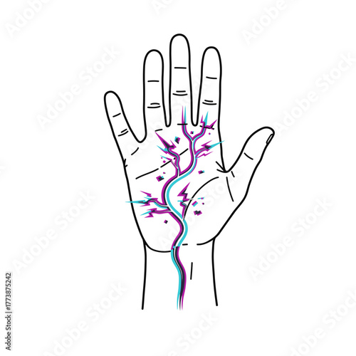 A vibrant, glitch-effect nerve pathway illustrates the intricate connection between human anatomy and digital technology within an outlined palm.