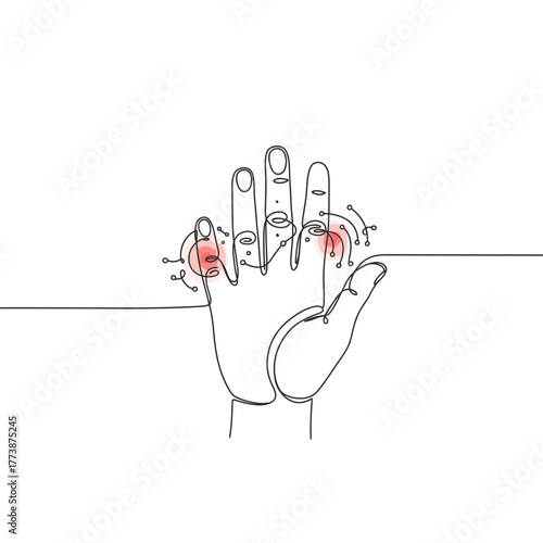 A minimalist continuous line drawing depicts hand joint pain, highlighting areas of discomfort often indicative of arthritis or other musculoskeletal issues.