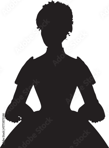A silhouette of a woman in 1800s Australian fashion, showcasing a typical female attire from the era.