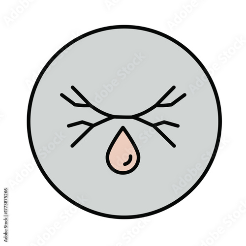 A minimalist icon symbolizing profound sadness or emotional distress, featuring closed eyes and a single falling teardrop on a grey background.