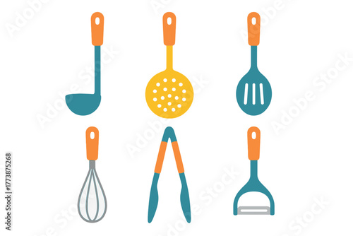 Colorful flat design collection of essential kitchen utensils including ladle, skimmer, spatula, whisk, tongs, and peeler