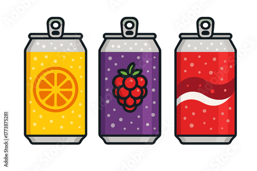 Colorful aluminum soda cans set with orange, berry, and cola flavors on white