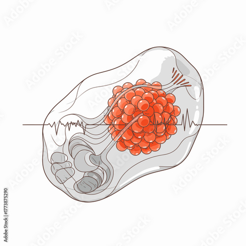 An intricate biological illustration showcasing a cellular structure with a vibrant red cluster, complex internal components, and an active waveform, symbolizing health and research.