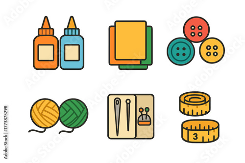 Essential crafting materials and sewing accessories including glue, yarn, buttons, and measuring tape