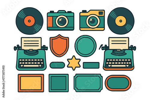 Retro media and communication icons set featuring cameras, typewriters, and vinyl records
