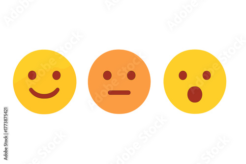 Collection of three basic emoji faces showing happiness, neutrality, and surprise on a white background