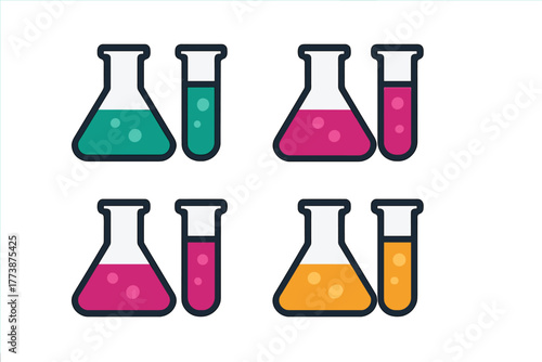 Group of chemistry laboratory containers featuring conical flasks and test tubes with colorful bubbling liquids