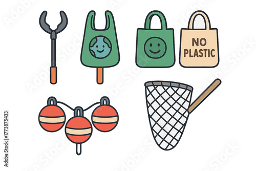 Eco-friendly reusable shopping bags, litter picker tool, fishing net, and marine floats