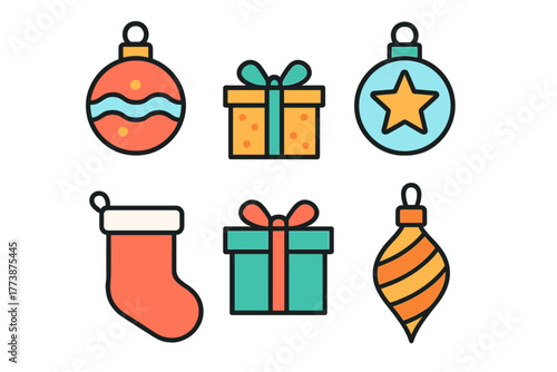 Colorful Christmas holiday baubles, wrapped presents, and festive stocking elements