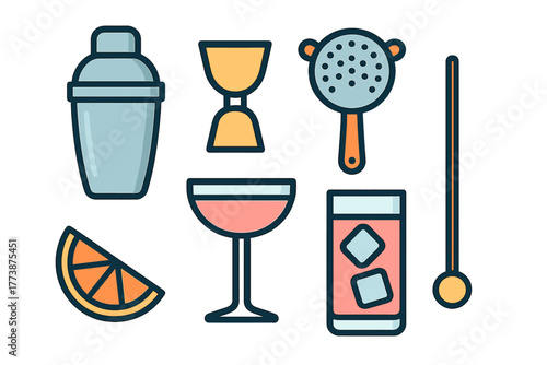 Essential bar equipment set including cocktail shaker jigger strainer and glasses