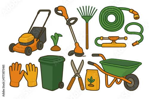 Essential tools for yard work including a lawnmower, rake, hose, and wheelbarrow