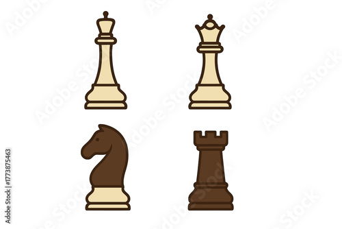 Stylized set of four chess game pieces featuring the king queen knight and rook