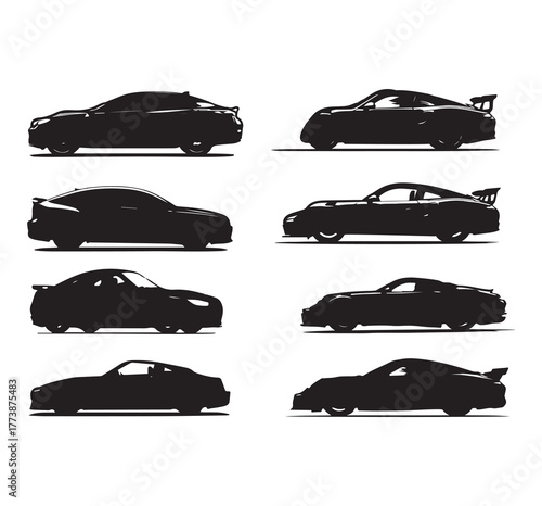 Silhouette of a high-speed vehicle. Future technology for smart cars. A black sedan on the road. Smart car technology and innovation for the future.