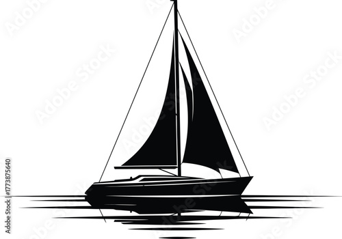Minimalist black silhouette of a sailboat gliding on calm ocean waves perfect for travel and nautical themed graphic design projects