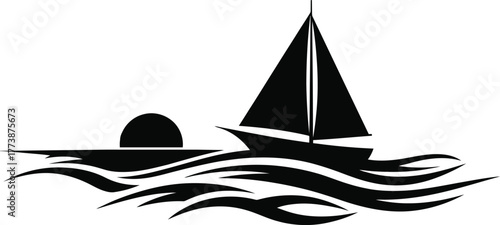 Serene silhouette of a lone sailing boat gliding across calm ocean waves during a vibrant sunset evoking a sense of peaceful journey and natural beauty