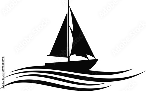 Serene silhouette of a majestic sailing boat gliding across calm ocean waves beneath a vibrant sunset circle evoking a sense of adventure and tranquility