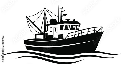 Minimalist silhouette of a solitary fishing boat gently floating on calm sea waters under a clear sky representing a peaceful nautical scene perfect for maritime themes and coastal decor