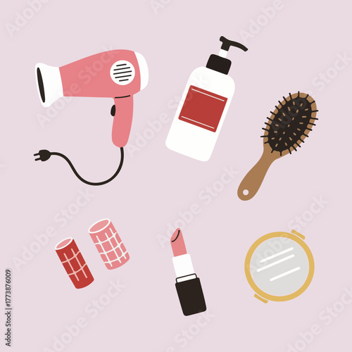 Beauty and hair care essentials including a hairdryer, shampoo bottle, hairbrush, rollers, lipstick, and mirror.