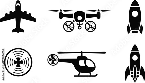 Collection of minimalist flat design flying vehicle icons including an airplane drone helicopter and rocket perfect for aviation technology and travel themes