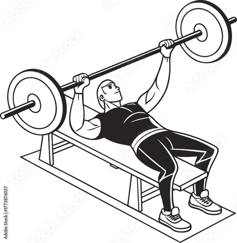 Man performing bench press exercise with barbell isolated on white background