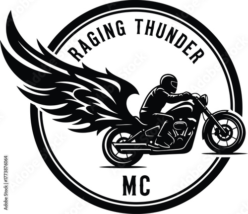 Dynamic motorcycle club emblem featuring a powerful rider silhouette with stylized flame wings perfect for banners advertisements and apparel designs