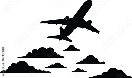 Minimalist modern airplane soaring gracefully above soft fluffy clouds symbolizing effortless travel and freedom in a clean contemporary design