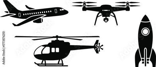 Collection of diverse aerial vehicles including a classic airplane modern drone versatile helicopter and powerful rocket ideal for aviation and technology themed designs